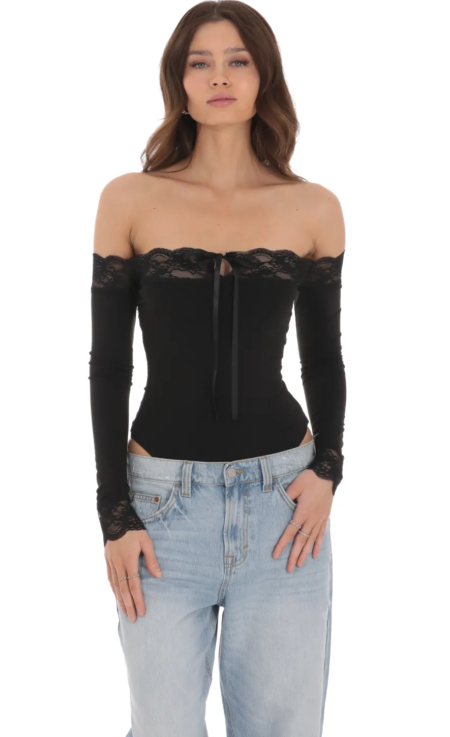 LUCY IN THE SKY Bodysuits^Off Shoulder Lace Bodysuit In Black