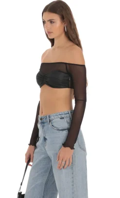 LUCY IN THE SKY Tops^Off Shoulder Mesh Top In Black