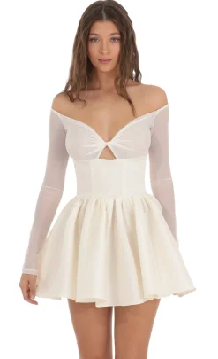 LUCY IN THE SKY Mini Dresses^Off Shoulder Mesh Twist Cutout Flair Dress In White