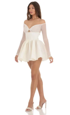 LUCY IN THE SKY Mini Dresses^Off Shoulder Mesh Twist Cutout Flair Dress In White