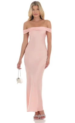 LUCY IN THE SKY Maxi Dresses^Off Shoulder Satin Maxi Dress In Pink
