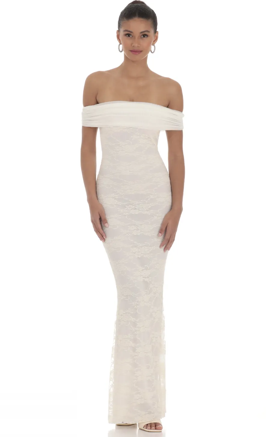 LUCY IN THE SKY Maxi Dresses^Off Shoulder Sheer Lace Maxi Dress In Cream