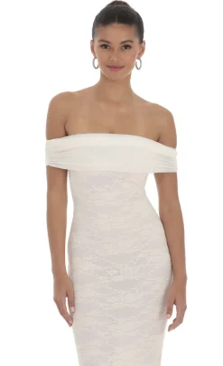 LUCY IN THE SKY Maxi Dresses^Off Shoulder Sheer Lace Maxi Dress In Cream