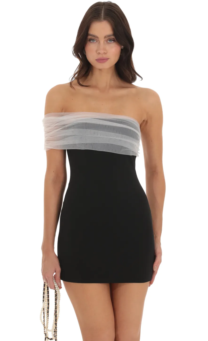 LUCY IN THE SKY Mini Dresses^Off Shoulder Tulle Sleeve Dress In Black