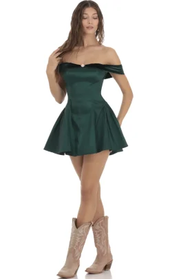 LUCY IN THE SKY Mini Dresses^Off Shoulder Velvet Strap A-line Dress In Green