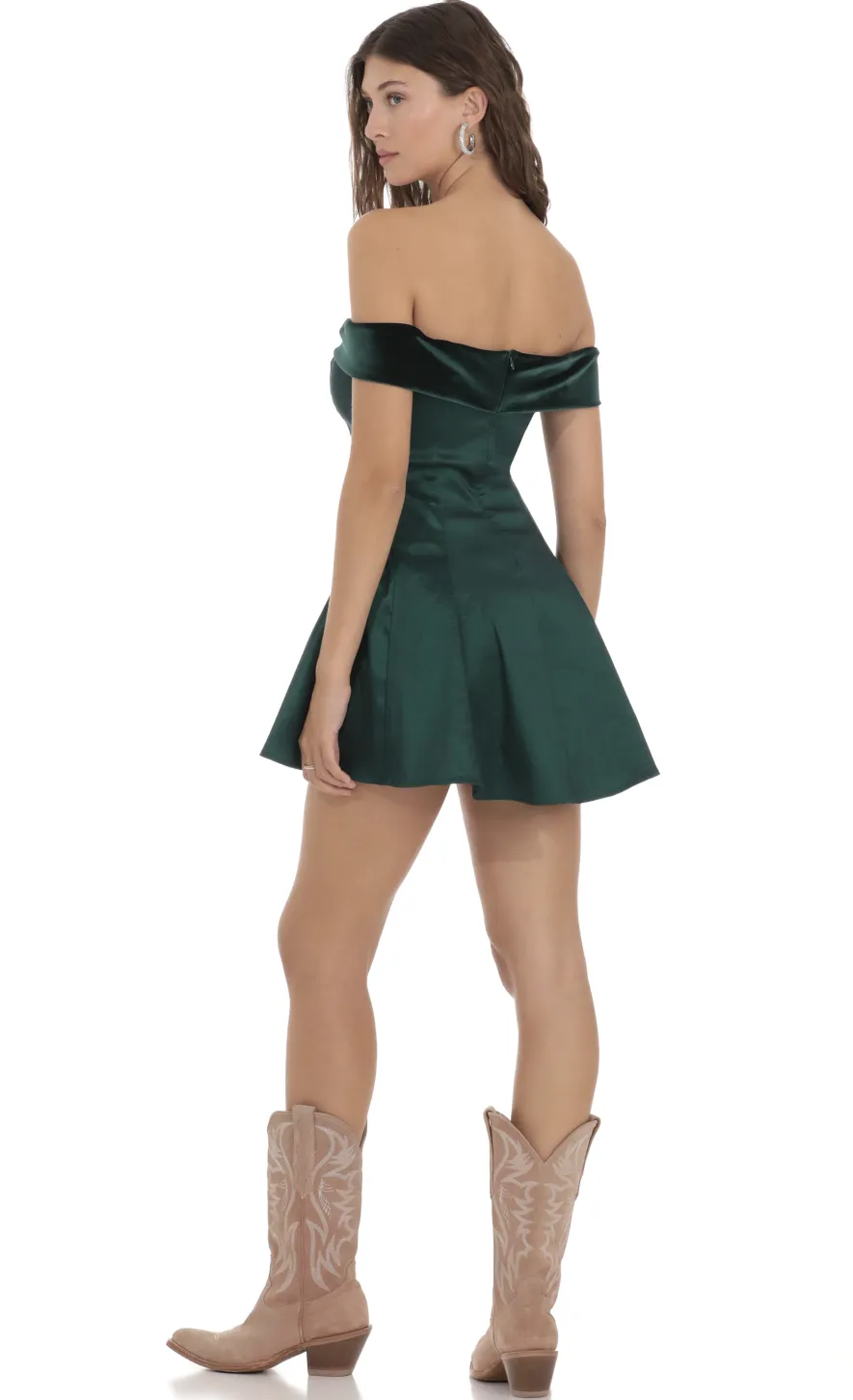 LUCY IN THE SKY Mini Dresses^Off Shoulder Velvet Strap A-line Dress In Green