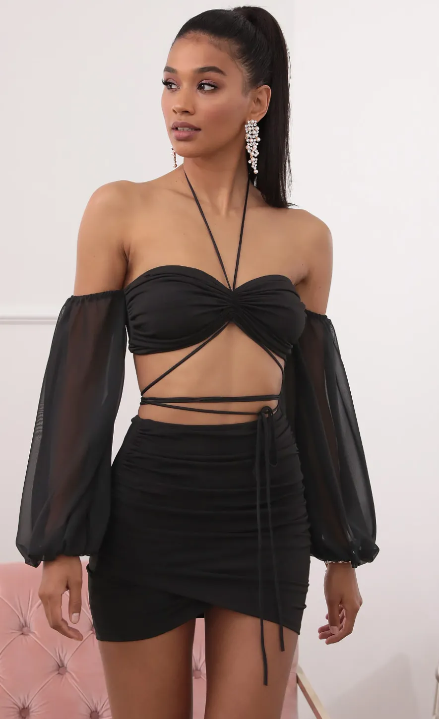 LUCY IN THE SKY Two-Piece Sets^Off-the-Shoulder Two Piece Long Sleeve Set In Black