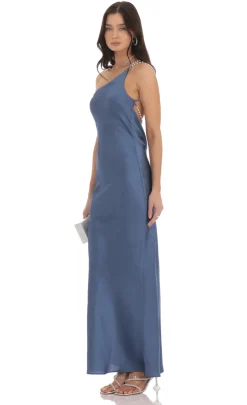 LUCY IN THE SKY Maxi Dresses^One Shoulder Pearl Satin Maxi Dress In Slate Blue