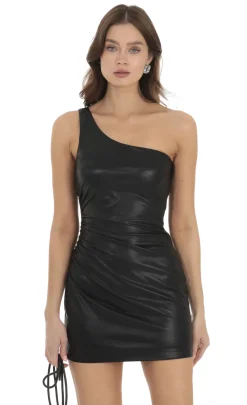 LUCY IN THE SKY Mini Dresses^One Shoulder Pleather Dress In Black