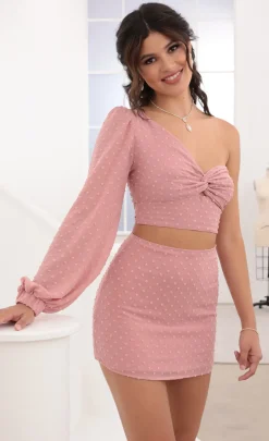 LUCY IN THE SKY Two-Piece Sets^One Shoulder Puff Sleeve Set In Mauve Dots