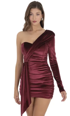 LUCY IN THE SKY Mini Dresses^One Shoulder Tassel Velvet Mini Dress In Burgundy