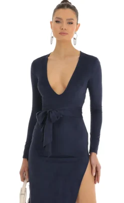 LUCY IN THE SKY Midi Dresses^Overa Suede Front Tie Midi Dress In Dark Blue