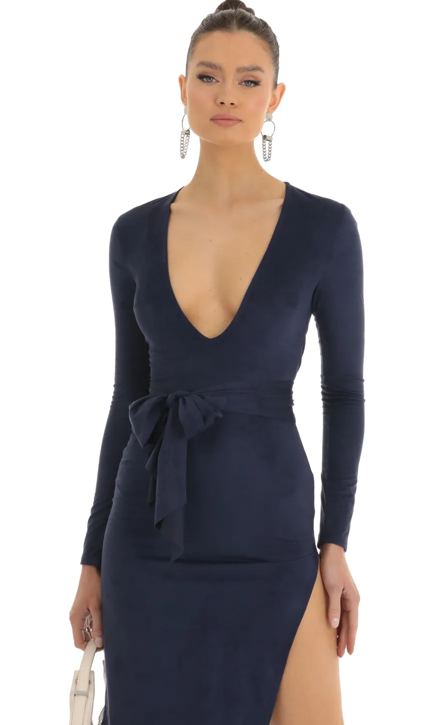 LUCY IN THE SKY Midi Dresses^Overa Suede Front Tie Midi Dress In Dark Blue