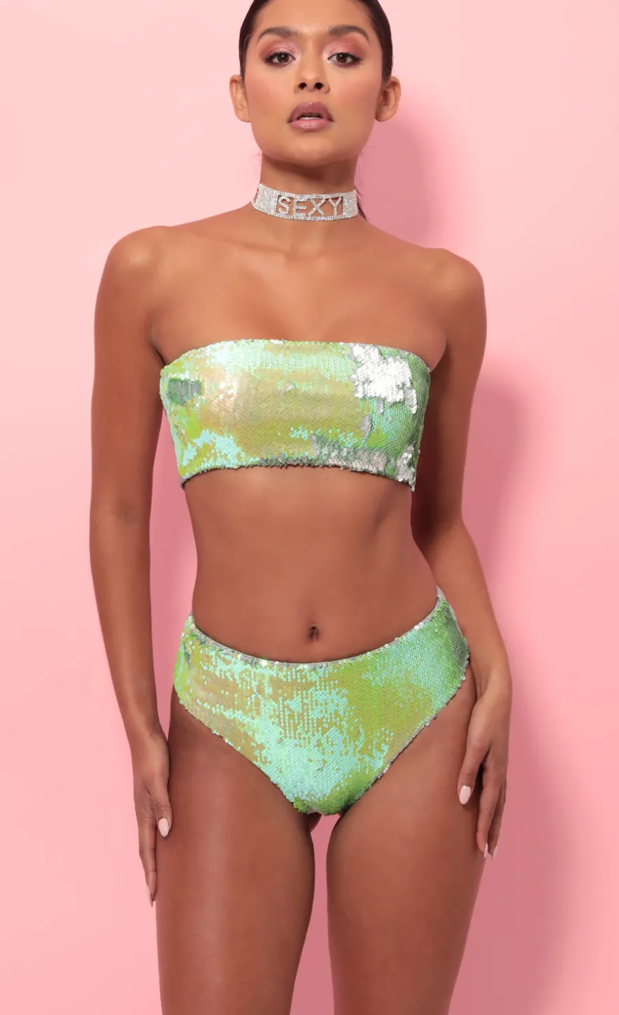 LUCY IN THE SKY Tops|Swimwear^Party Sequin Swim Set In Lime Green