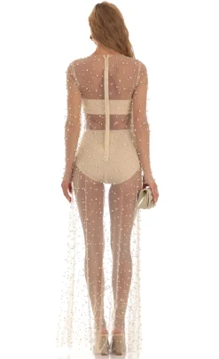 LUCY IN THE SKY Maxi Dresses|Two-Piece Sets^Pearl Mesh Dress In Beige
