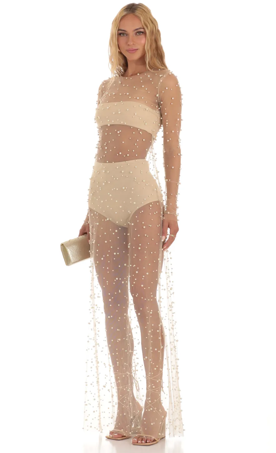LUCY IN THE SKY Maxi Dresses|Two-Piece Sets^Pearl Mesh Dress In Beige