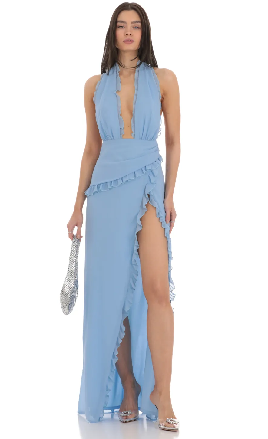 LUCY IN THE SKY Maxi Dresses^Plunge Neck Halter Dress In Blue