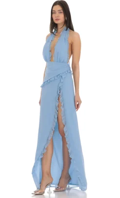 LUCY IN THE SKY Maxi Dresses^Plunge Neck Halter Dress In Blue