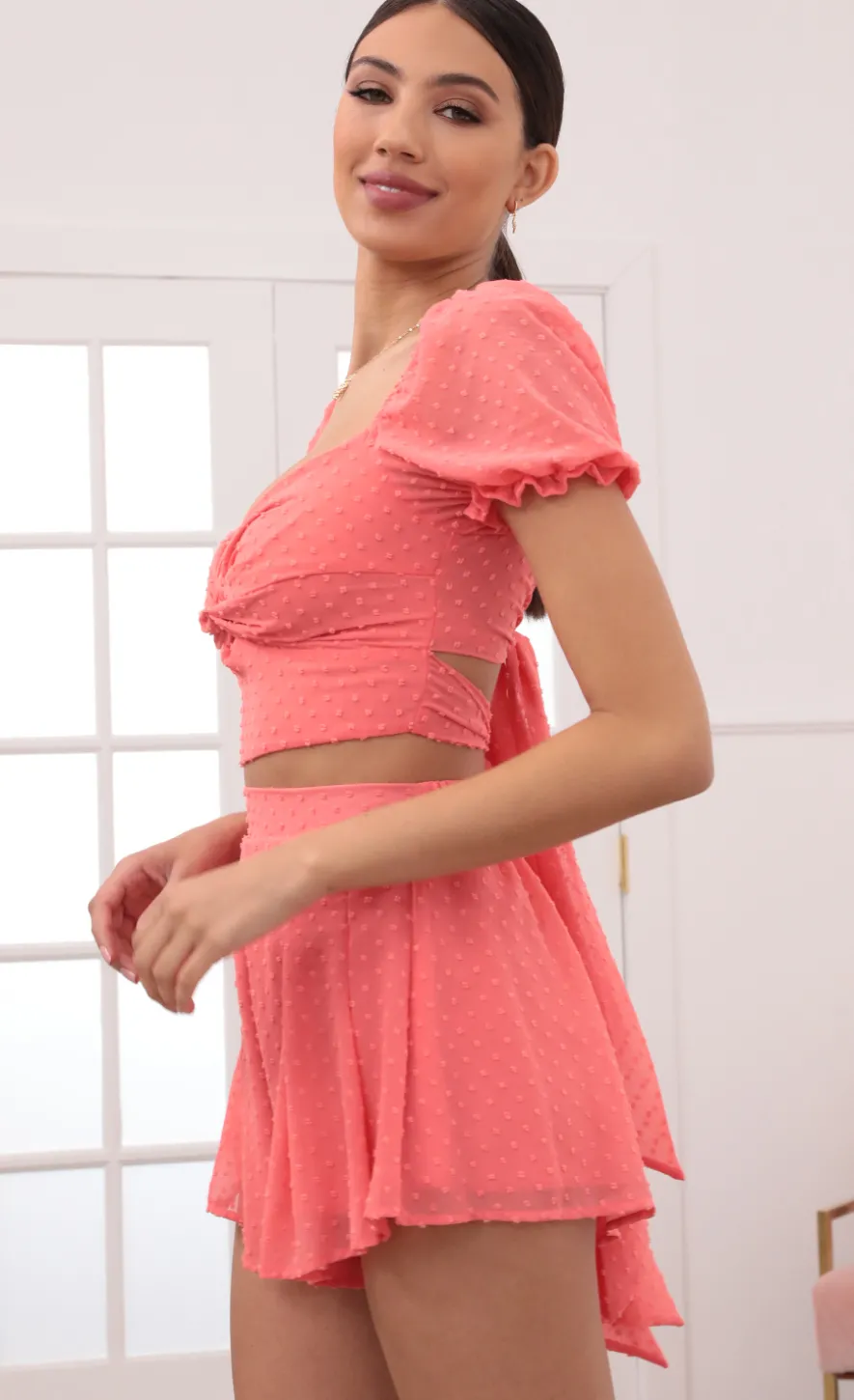LUCY IN THE SKY Two-Piece Sets|Shorts^Puff Sleeve Chiffon Set In Coral Dots