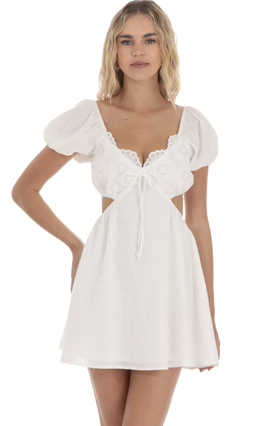 LUCY IN THE SKY Mini Dresses^Puff Sleeve Cutout Dress In White