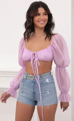 LUCY IN THE SKY Tops^Puff Sleeve Front Tie Crop In Lilac