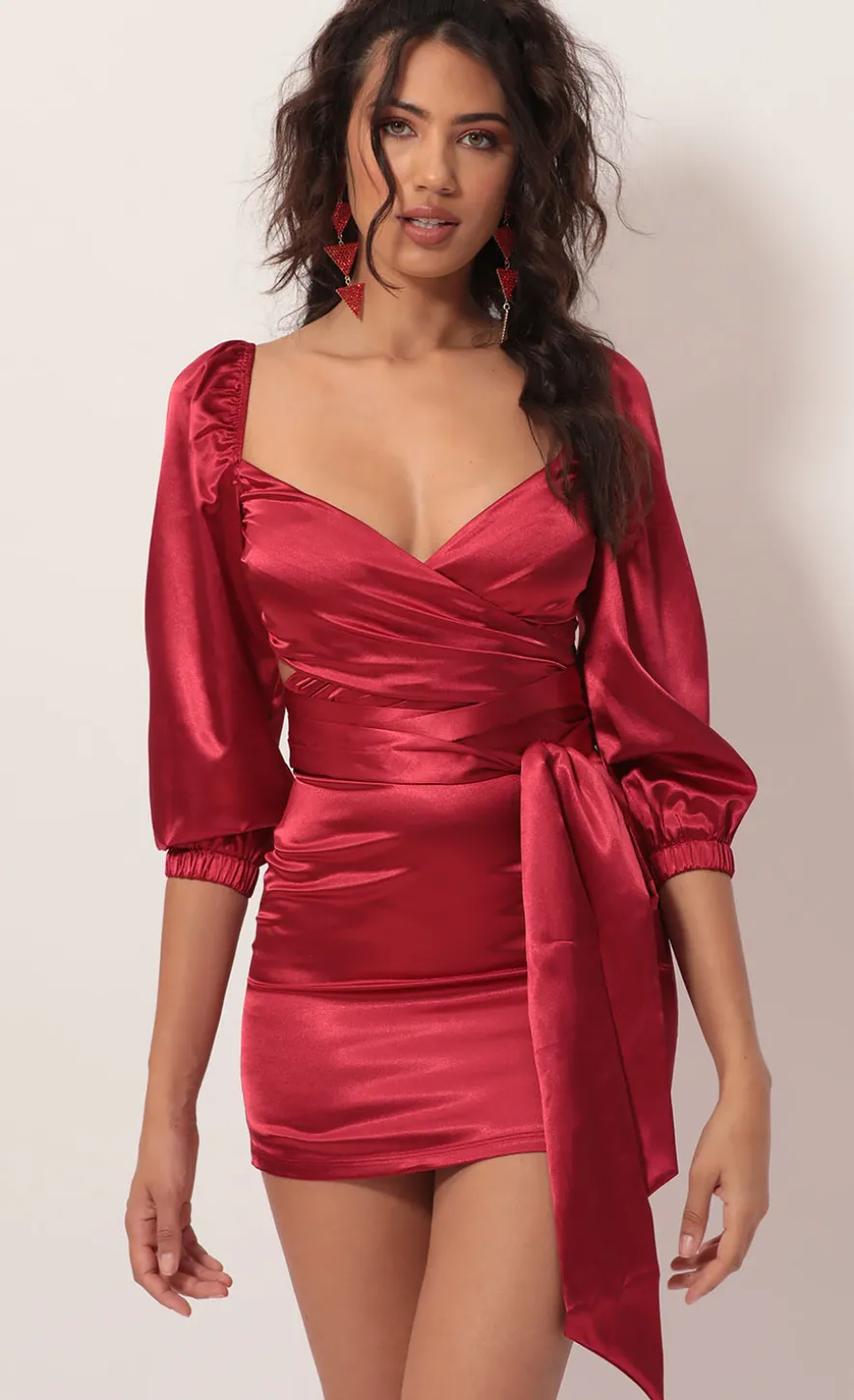 LUCY IN THE SKY Mini Dresses^Puff Sleeve Wrap Dress In Red Satin