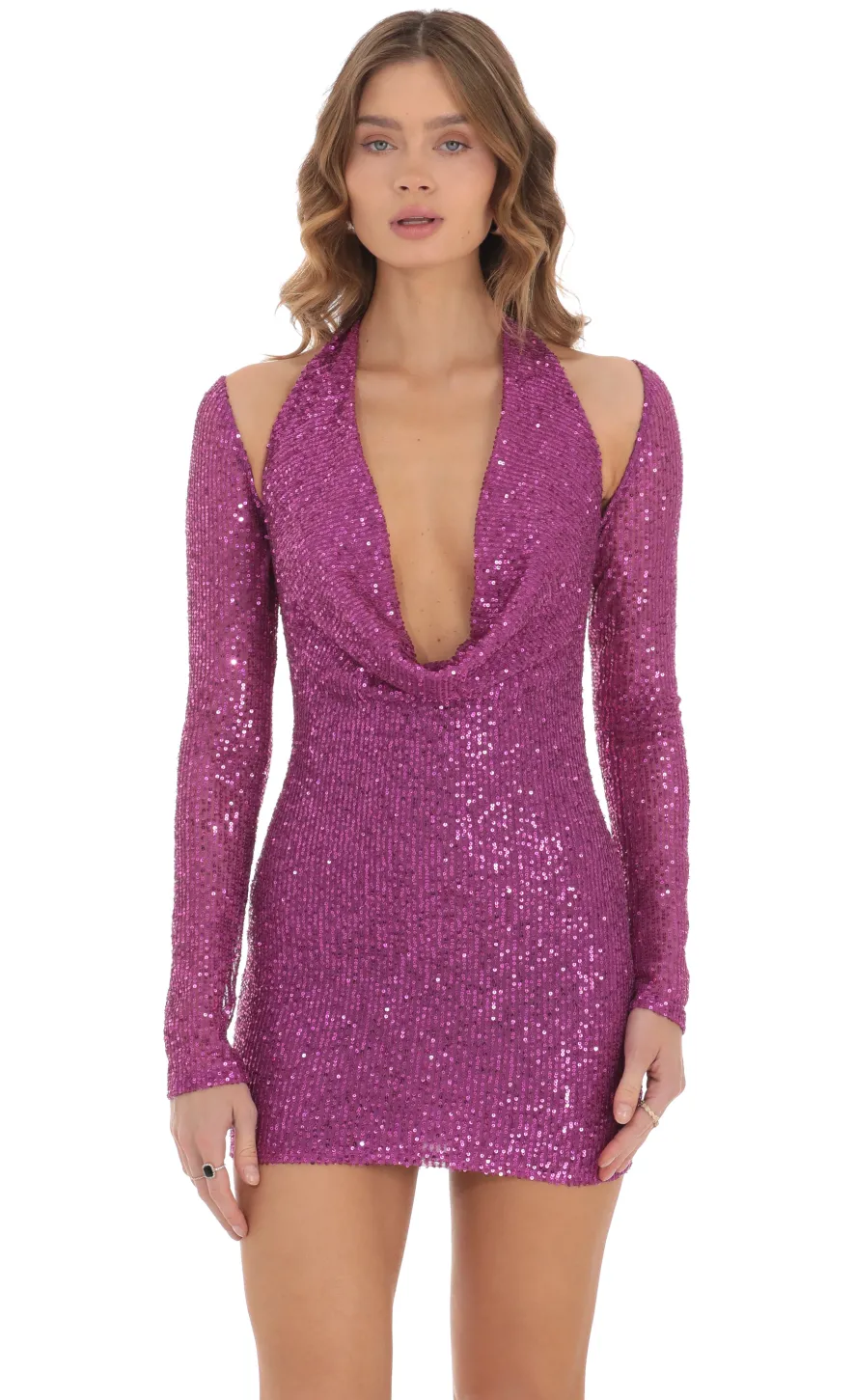 LUCY IN THE SKY Mini Dresses^Reanne Sequin Shoulder Cutout Dress In Purple