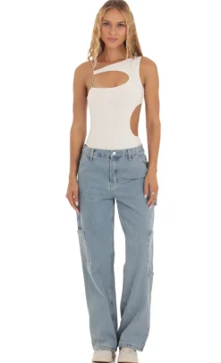 LUCY IN THE SKY Bodysuits^Rhinestone Cutout Bodysuit In White