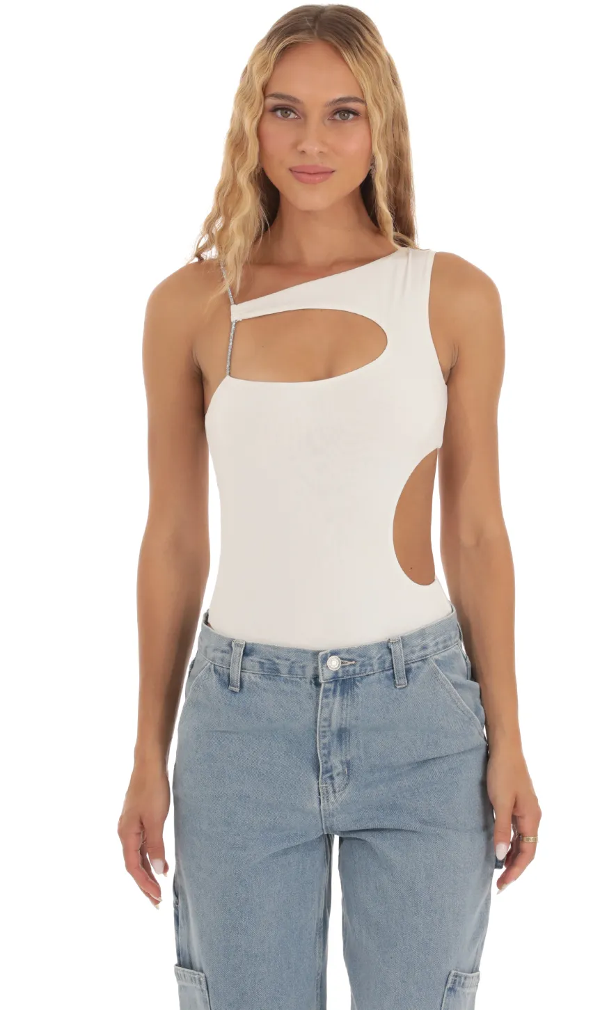 LUCY IN THE SKY Bodysuits^Rhinestone Cutout Bodysuit In White
