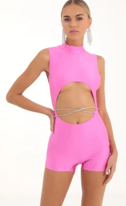 LUCY IN THE SKY Rompers^Rhinestone Cutout Romper In Pink