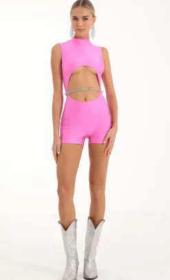 LUCY IN THE SKY Rompers^Rhinestone Cutout Romper In Pink
