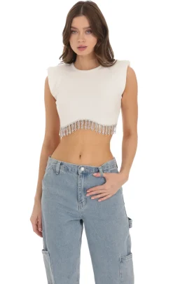 LUCY IN THE SKY Tops^Rhinestone Fringe Knit Top In White