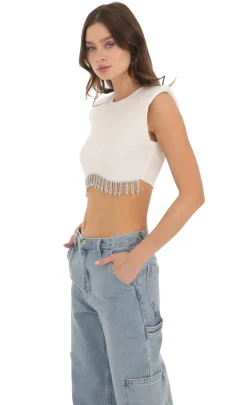LUCY IN THE SKY Tops^Rhinestone Fringe Knit Top In White