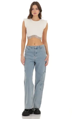 LUCY IN THE SKY Tops^Rhinestone Fringe Knit Top In White