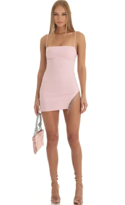 LUCY IN THE SKY Mini Dresses^Rhinestone Fringe Slit Dress In Pink