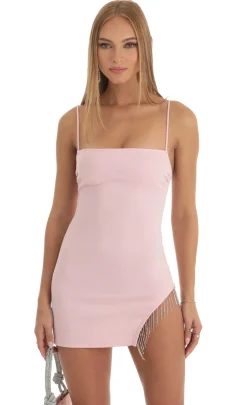 LUCY IN THE SKY Mini Dresses^Rhinestone Fringe Slit Dress In Pink
