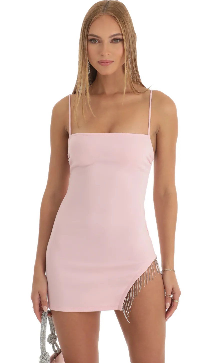 LUCY IN THE SKY Mini Dresses^Rhinestone Fringe Slit Dress In Pink