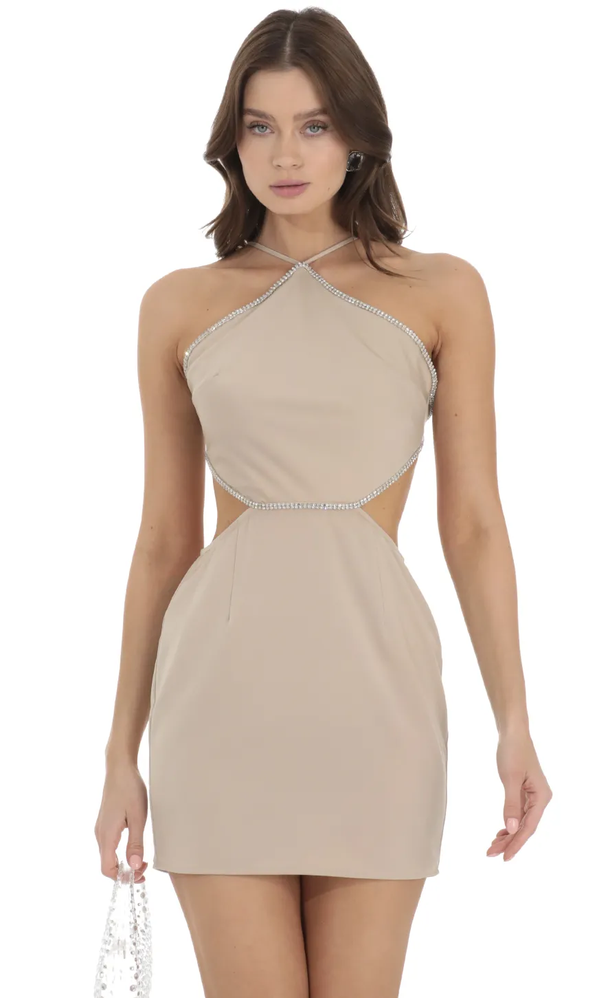 LUCY IN THE SKY Mini Dresses^Rhinestone Halter Cutout Dress In Nude