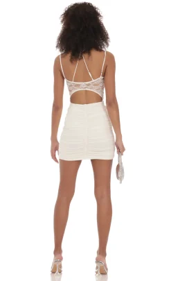 LUCY IN THE SKY Mini Dresses^Rhinestone Lace Ruched Dress In White