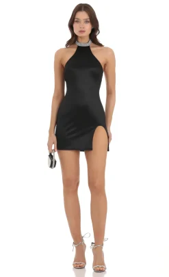 LUCY IN THE SKY Mini Dresses^Rhinestone Mock Neck Satin Halter Dress In Black