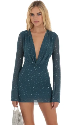 LUCY IN THE SKY Mini Dresses^Rhinestone Plunge Neck Dress In Teal