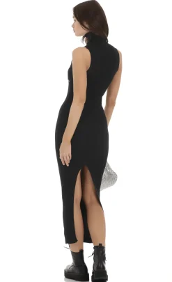 LUCY IN THE SKY Maxi Dresses^Rhinestone Ribbed Turtleneck Dress In Black