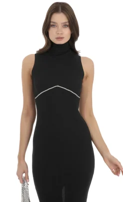 LUCY IN THE SKY Maxi Dresses^Rhinestone Ribbed Turtleneck Dress In Black