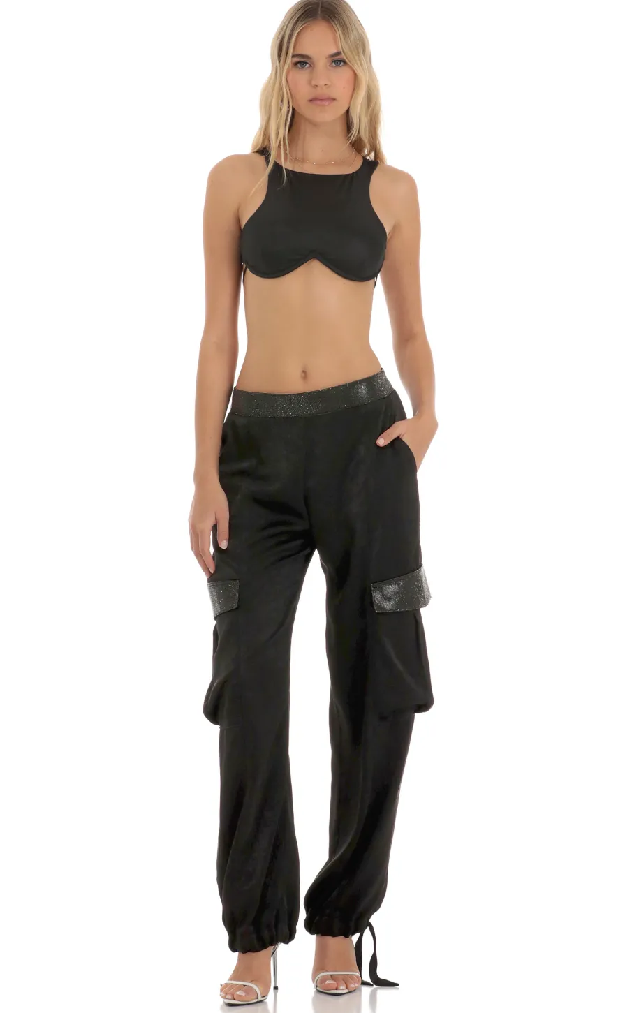 LUCY IN THE SKY Pants^Rhinestone Satin Pants In Black