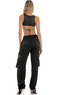 LUCY IN THE SKY Pants^Rhinestone Satin Pants In Black