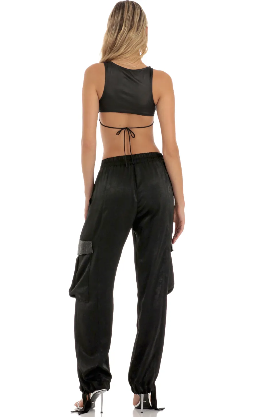 LUCY IN THE SKY Pants^Rhinestone Satin Pants In Black