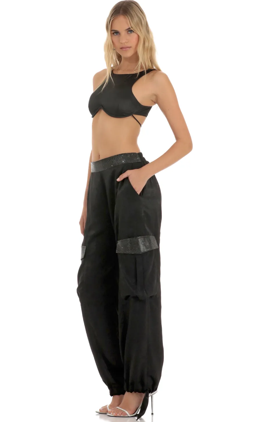 LUCY IN THE SKY Pants^Rhinestone Satin Pants In Black