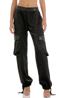 LUCY IN THE SKY Pants^Rhinestone Satin Pants In Black