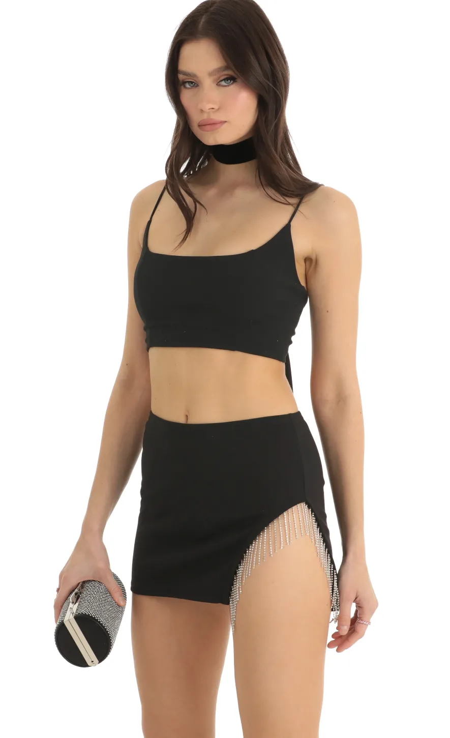 LUCY IN THE SKY Two-Piece Sets^Rhinestone Two Piece Skirt Set In Black