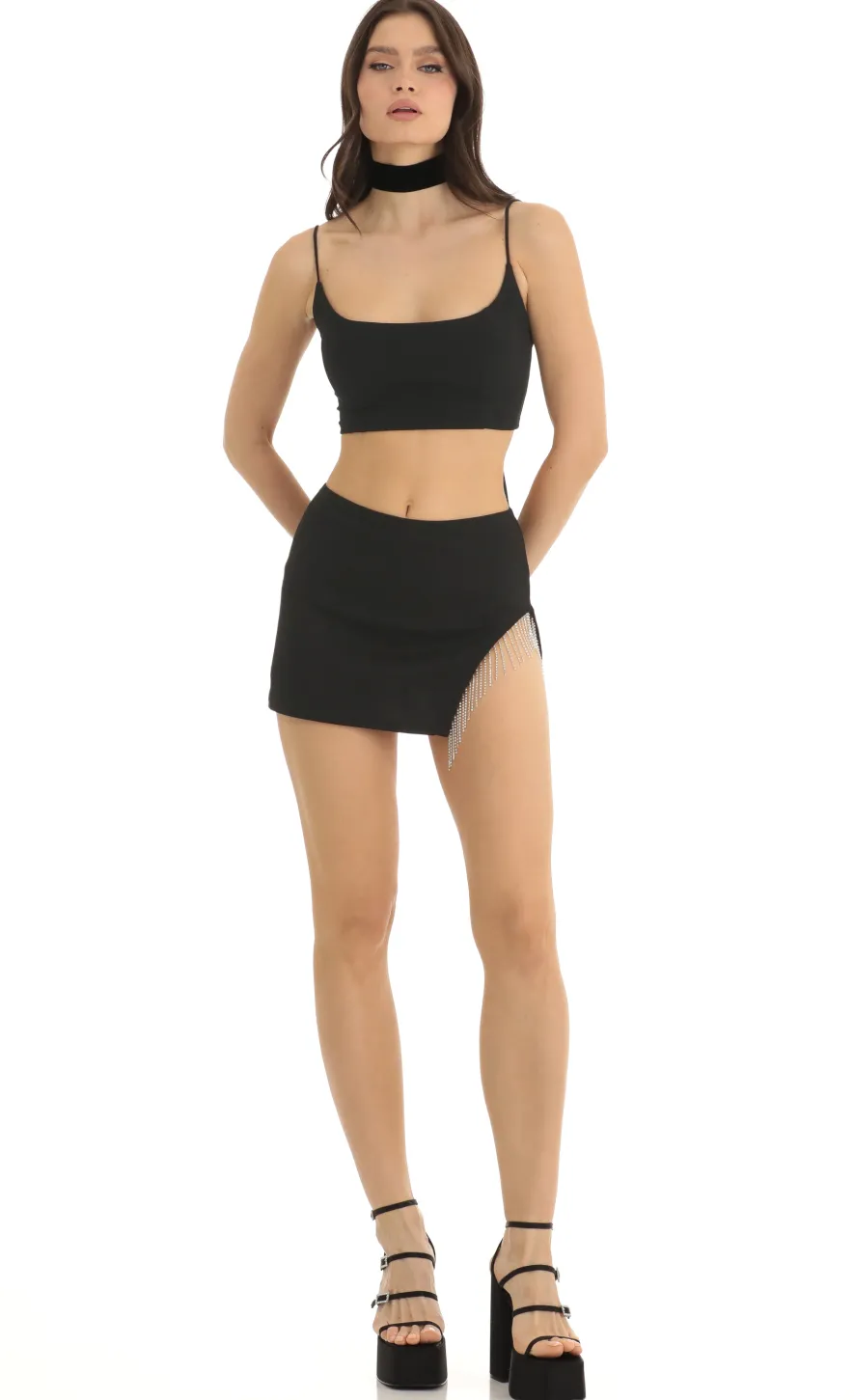 LUCY IN THE SKY Two-Piece Sets^Rhinestone Two Piece Skirt Set In Black